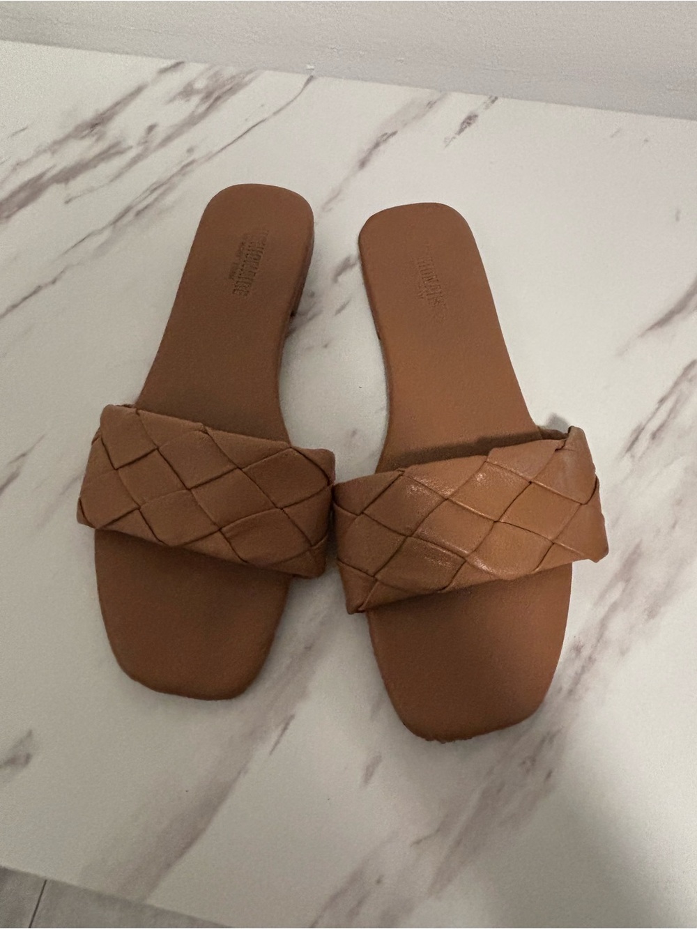 Woven Square-Toe Slide Sandals in Tan